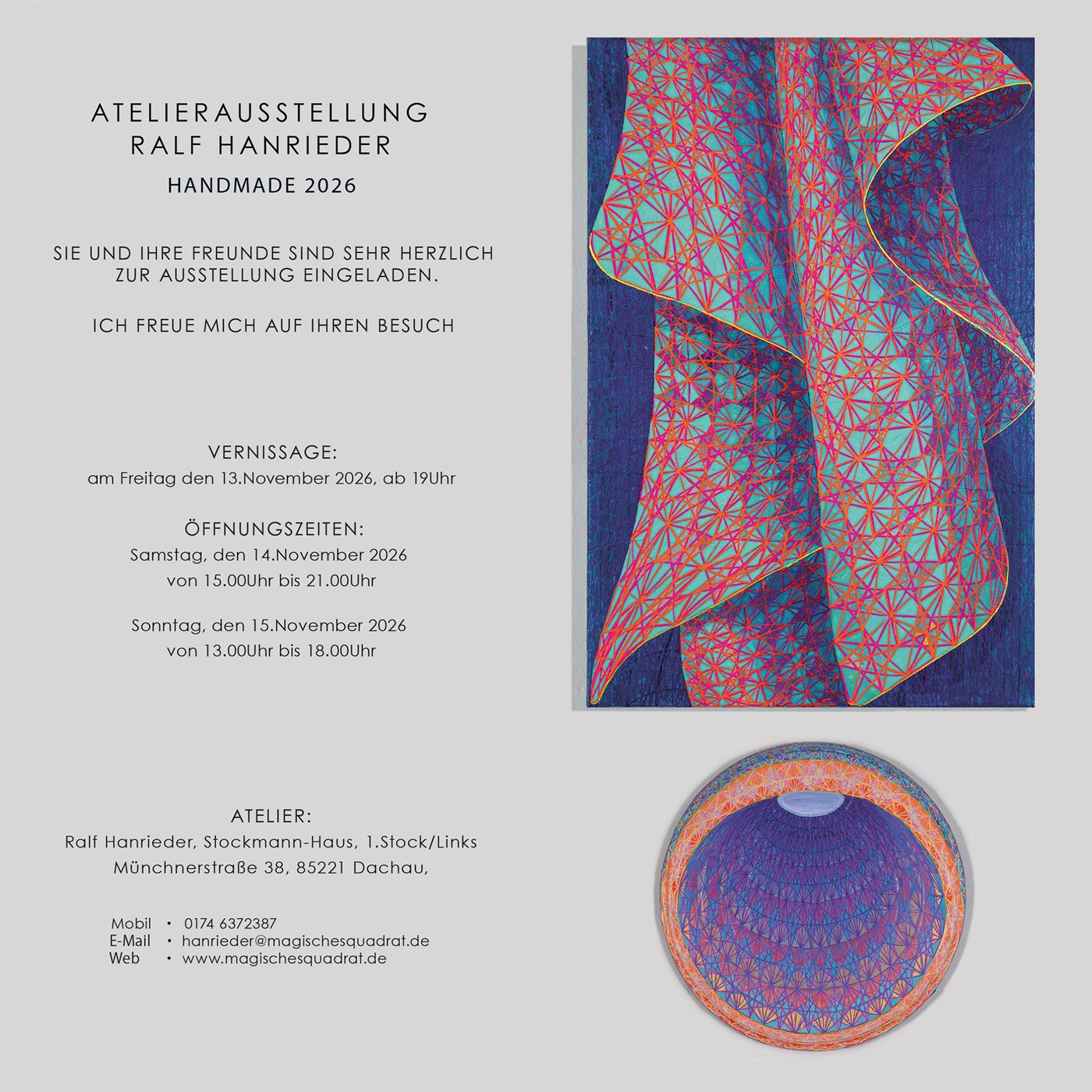 Einladungskarte Atelierausstellung HANDMADE 2026 – Ralf Hanrieder